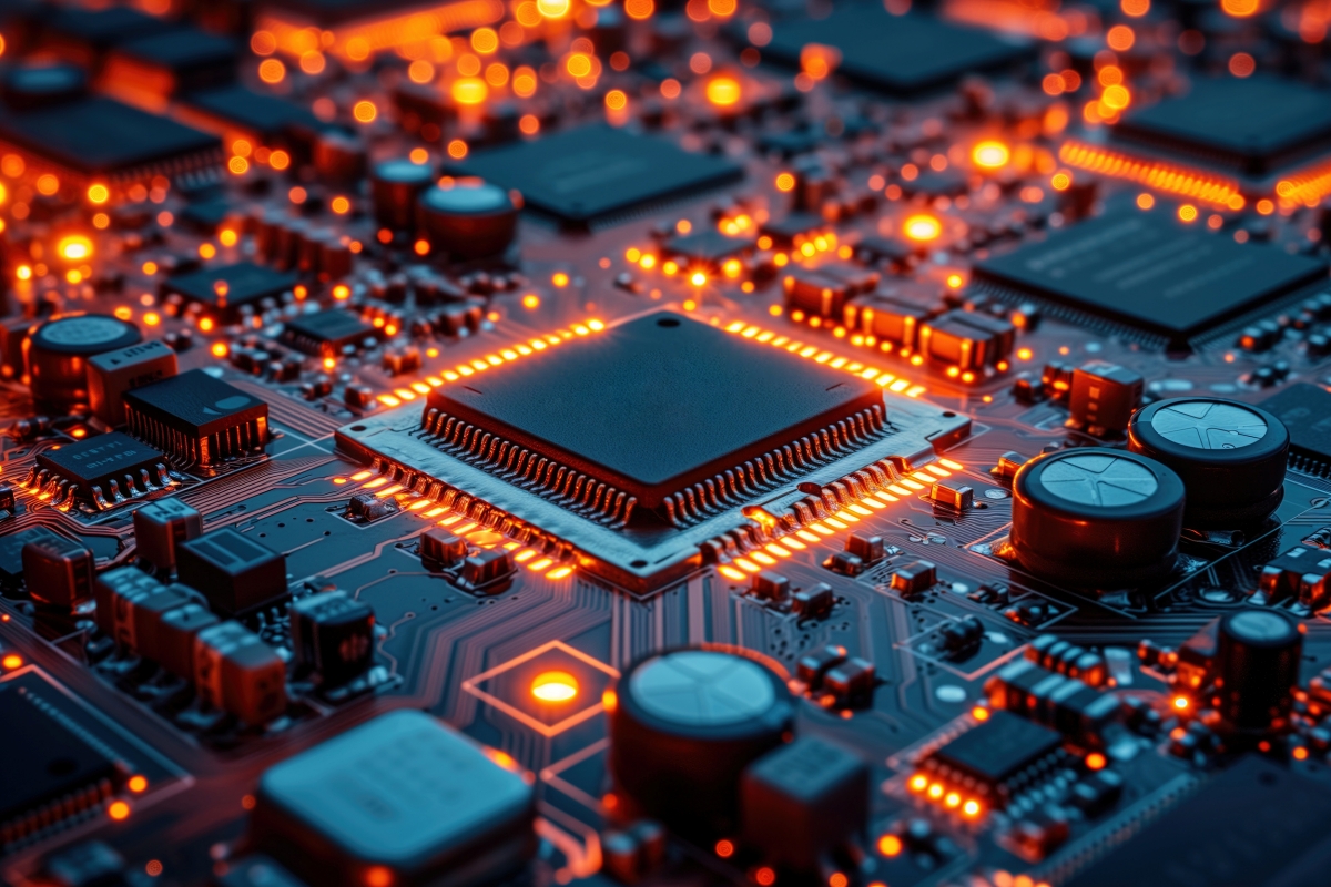 Microchip,Close-up,With,Beautiful,Light.,Puce,ษlectronique,,Processeur,En,Gros